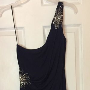 Navy one shoulder prom or evening gown
